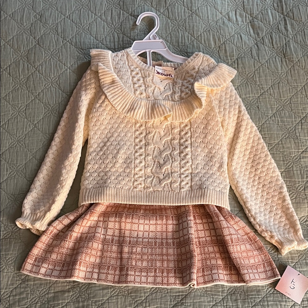 NWT, HAPPILY GREY Kid’s Cream Cable Knit Sweater with matching Plaid Skirt